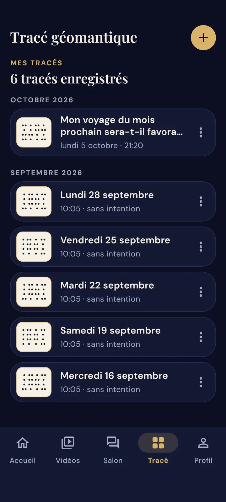 Écran « Mes tracés » : tracés enregistrés classés par mois